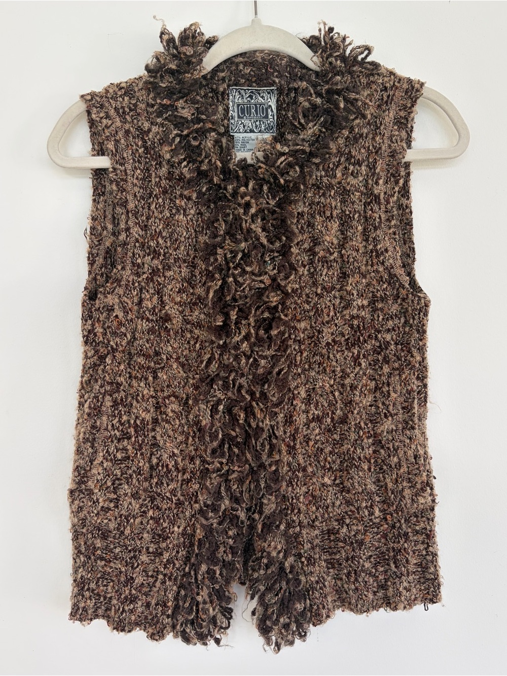 Curio Textured Boucle Fringe Hook Eye Closure Knit Vest Brown M